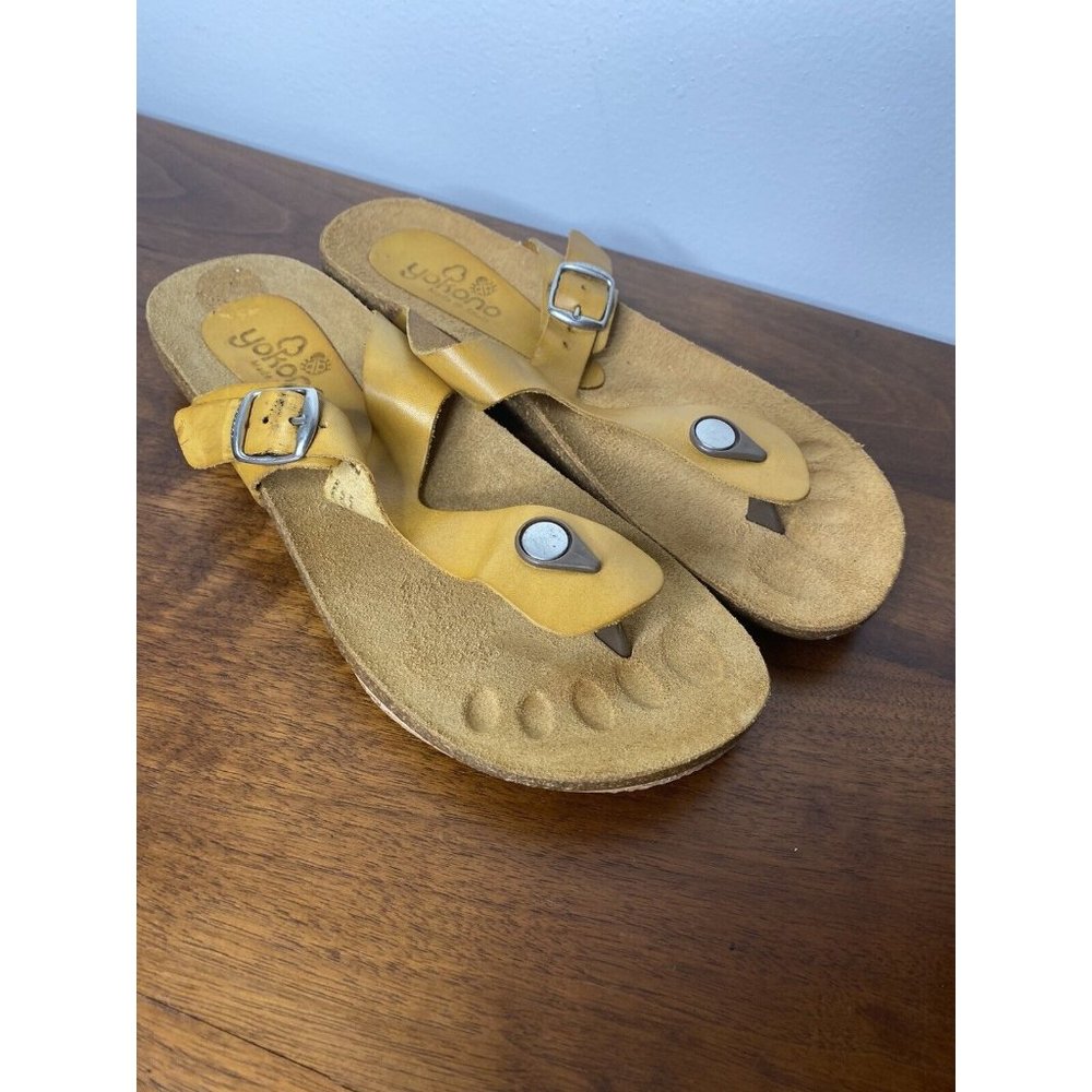 Yokono Womens Yellow Leather Sandals Buckle Flats Shoes 8 Flip Flop Made Spain